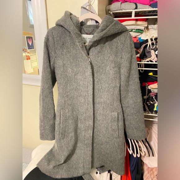 Gray Cole Haan Wool Belted Hooded Walker - Picture 6 of 7